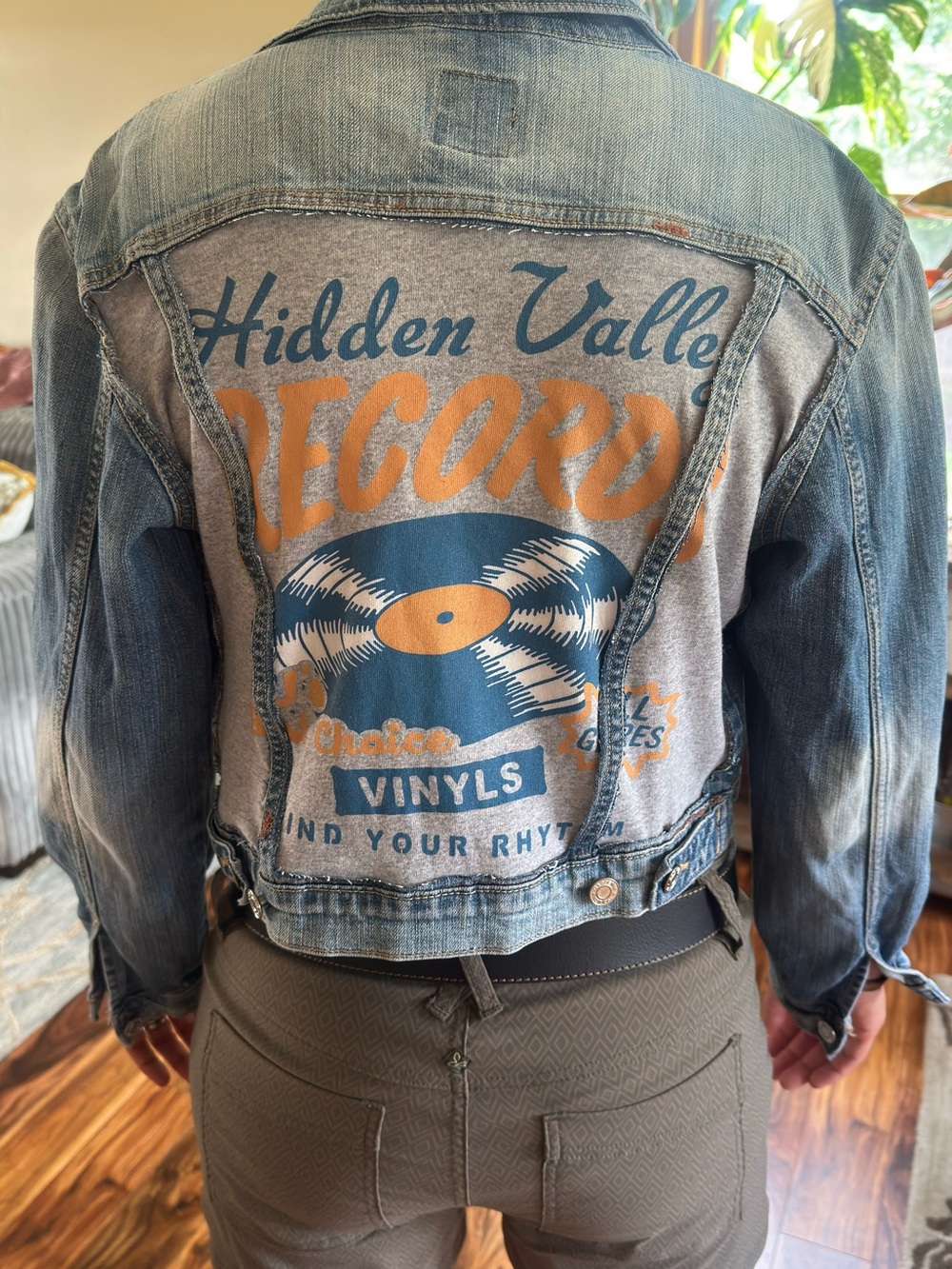 Upcycled GAP Faded Blue Denim Jacket with Records shirt